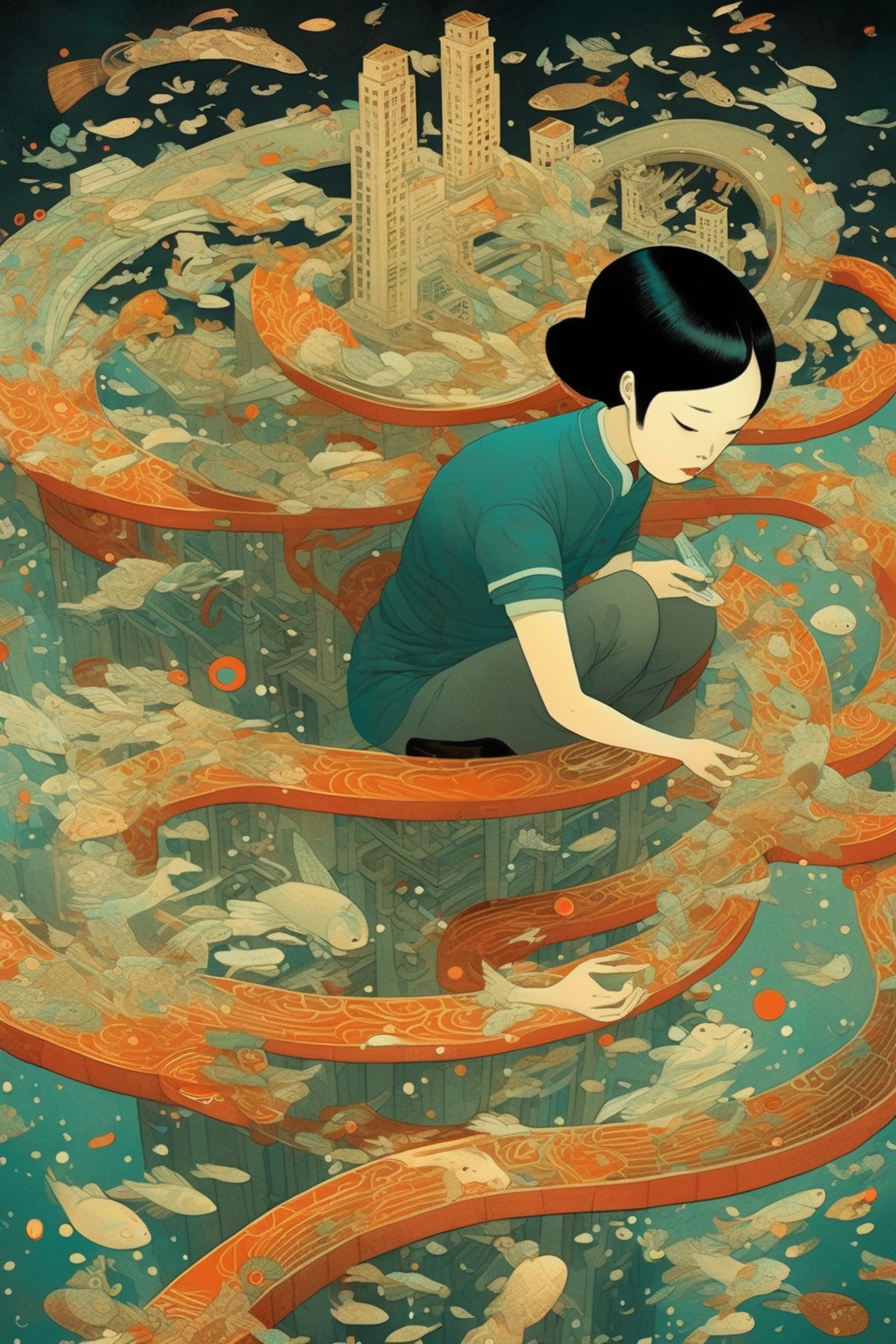 <lora:Victo Ngai Style:1>Victo Ngai Style - one person solves the complex puzzle